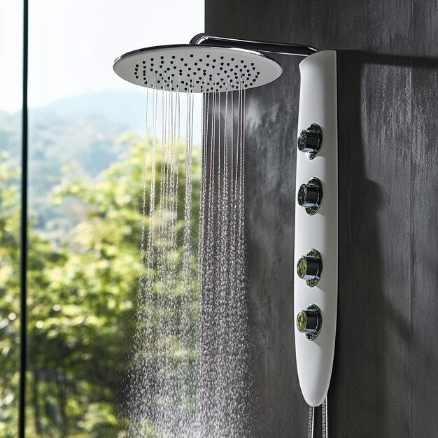 A white shower head with multiple small shower heads and buttons