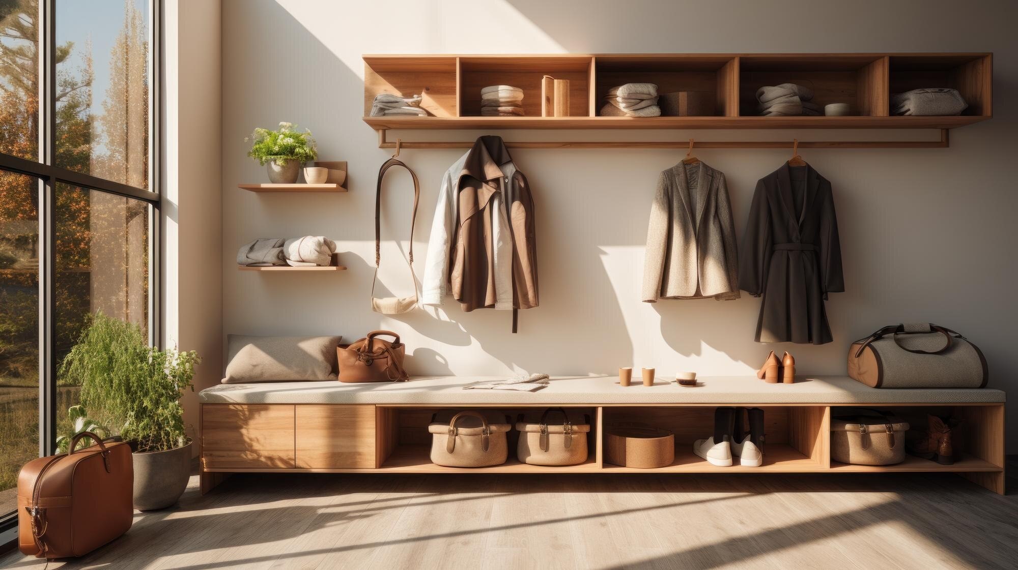 A modern mudroom with natural wood storage, benches, and hanging space bathed in warm sunlight.